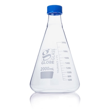 Globe Scientific Flask, Erlenmeyer, Globe Glass, 2000mL, Screw Cap, Dual Graduations, ASTM E1404, 1/Box 8422000